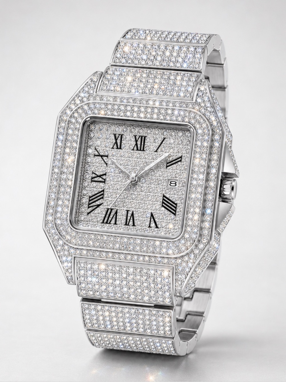 Iced Out Bust Down Watch VVS Simulated Diamond Stainless Steel Roman Numeral